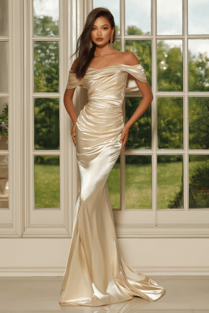 Champagne Off-the-Shoulder Ruched Satin Mermaid Gown