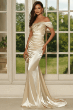 Robe sirène en satin froncé à épaules dénudées, champagne