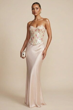 Champagne Floral Sequin Corset Satin Sheath Prom Dress