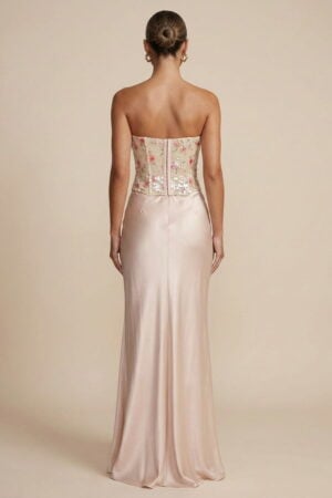 Champagne Floral Sequin Corset Satin Sheath Prom Dress