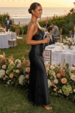 Black Satin Slip Maxi Dress with Scalloped Lace Trim