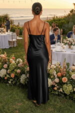 Black Satin Slip Maxi Dress with Scalloped Lace Trim