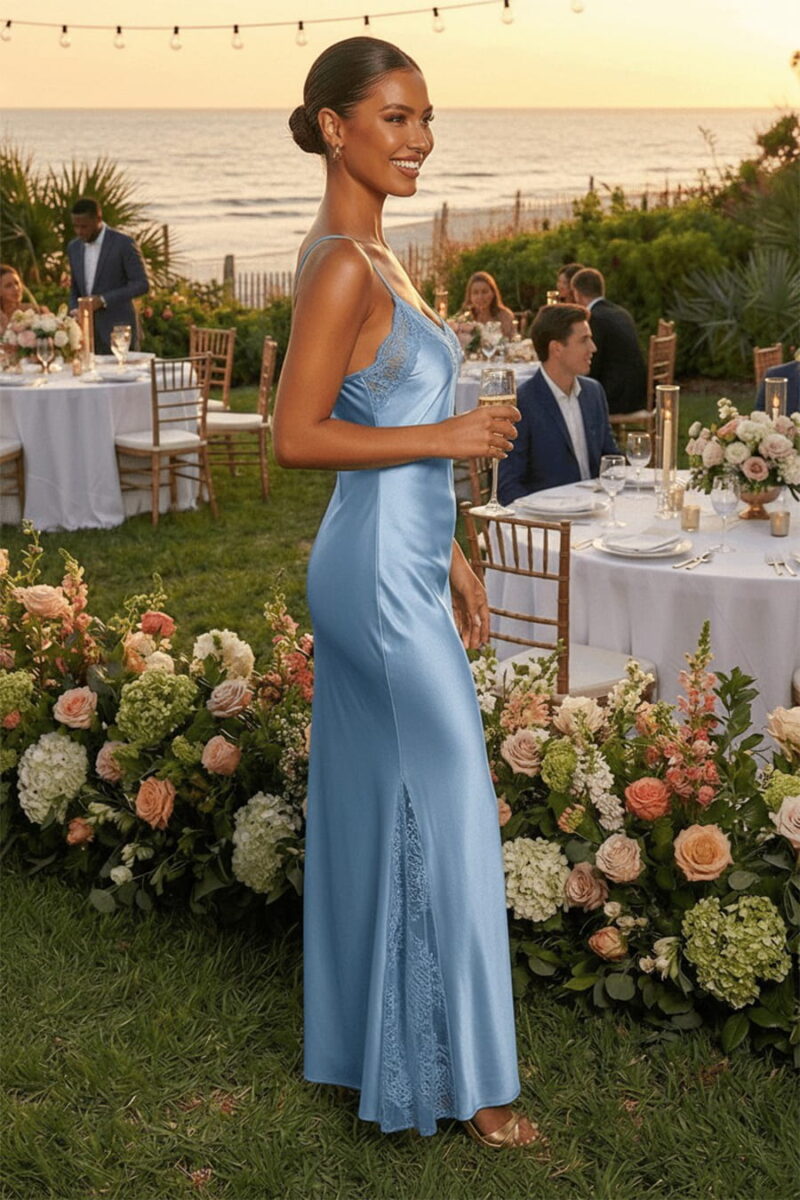 Blue Satin Slip Maxi Dress with Scalloped Lace Trim