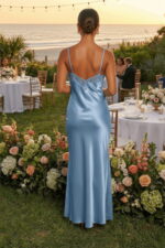 Blue Satin Slip Maxi Dress with Scalloped Lace Trim