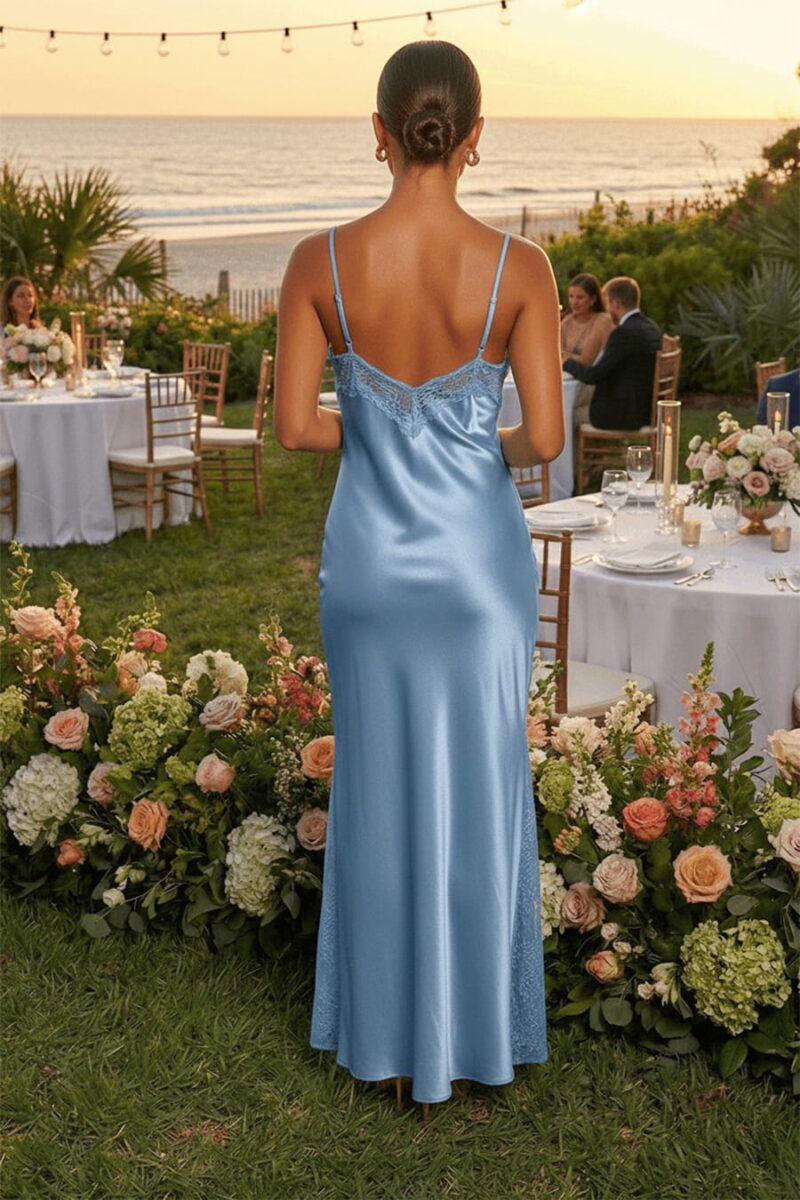 Blue Satin Slip Maxi Dress with Scalloped Lace Trim