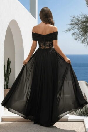 Black Off-the-Shoulder Chiffon Gown with Lace Waistband