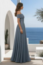 Dusty Blue Off-the-Shoulder Chiffon Gown with Lace Waistband