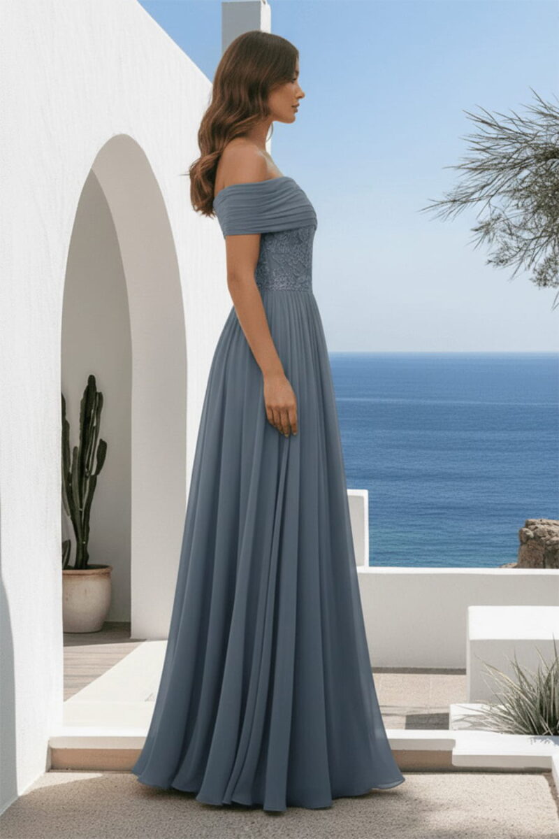 Dusty Blue Off-the-Shoulder Chiffon Gown with Lace Waistband