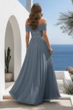 Dusty Blue Off-the-Shoulder Chiffon Gown with Lace Waistband