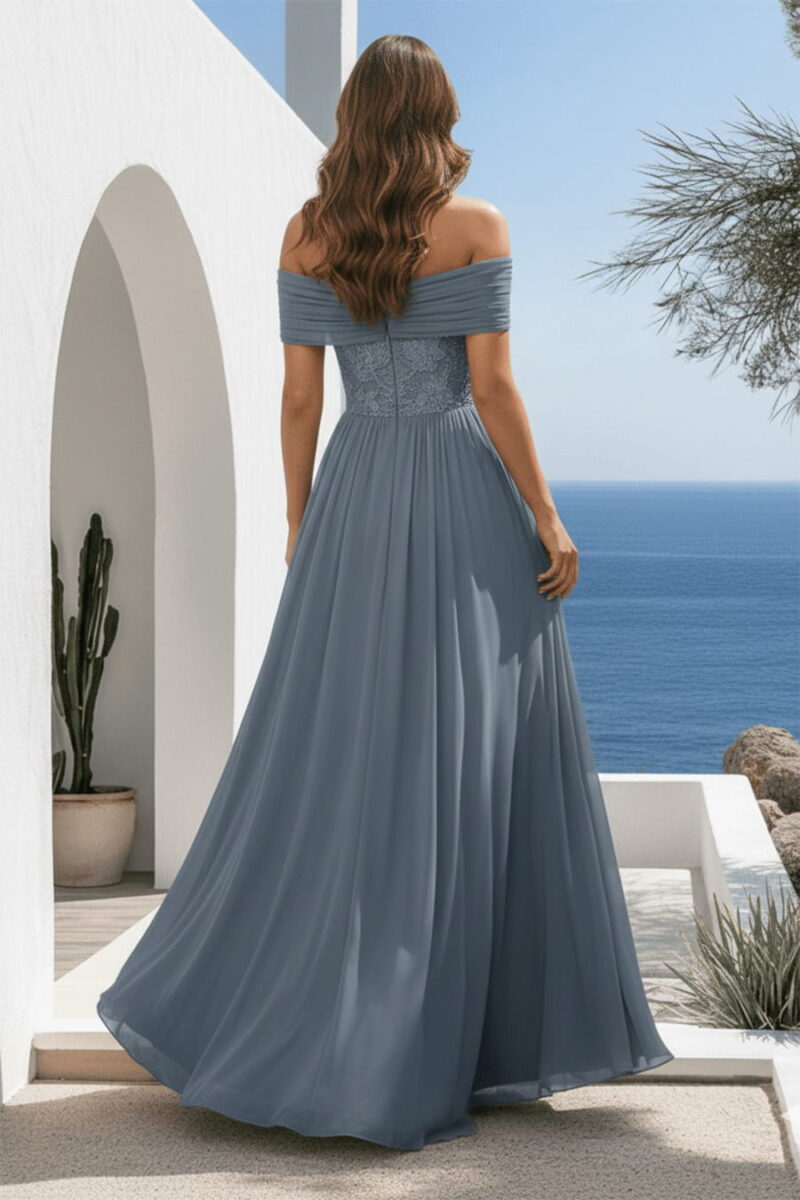 Dusty Blue Off-the-Shoulder Chiffon Gown with Lace Waistband