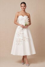 Ivory Satin 3D Floral Strapless Midi Cocktail Dress