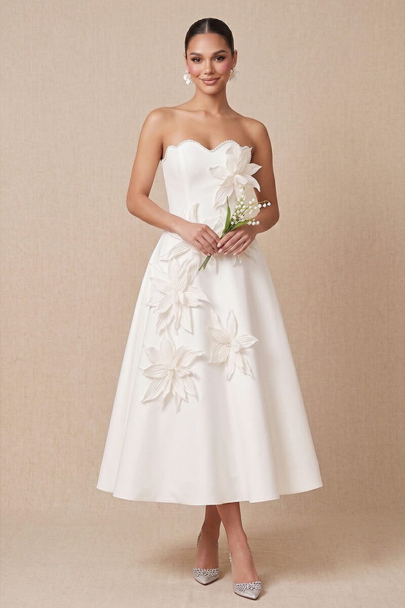 Ivory Satin 3D Floral Strapless Midi Cocktail Dress Ivory Satin 3D Floral Strapless Midi Cocktail Dress