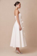Ivory Satin 3D Floral Strapless Midi Cocktail Dress
