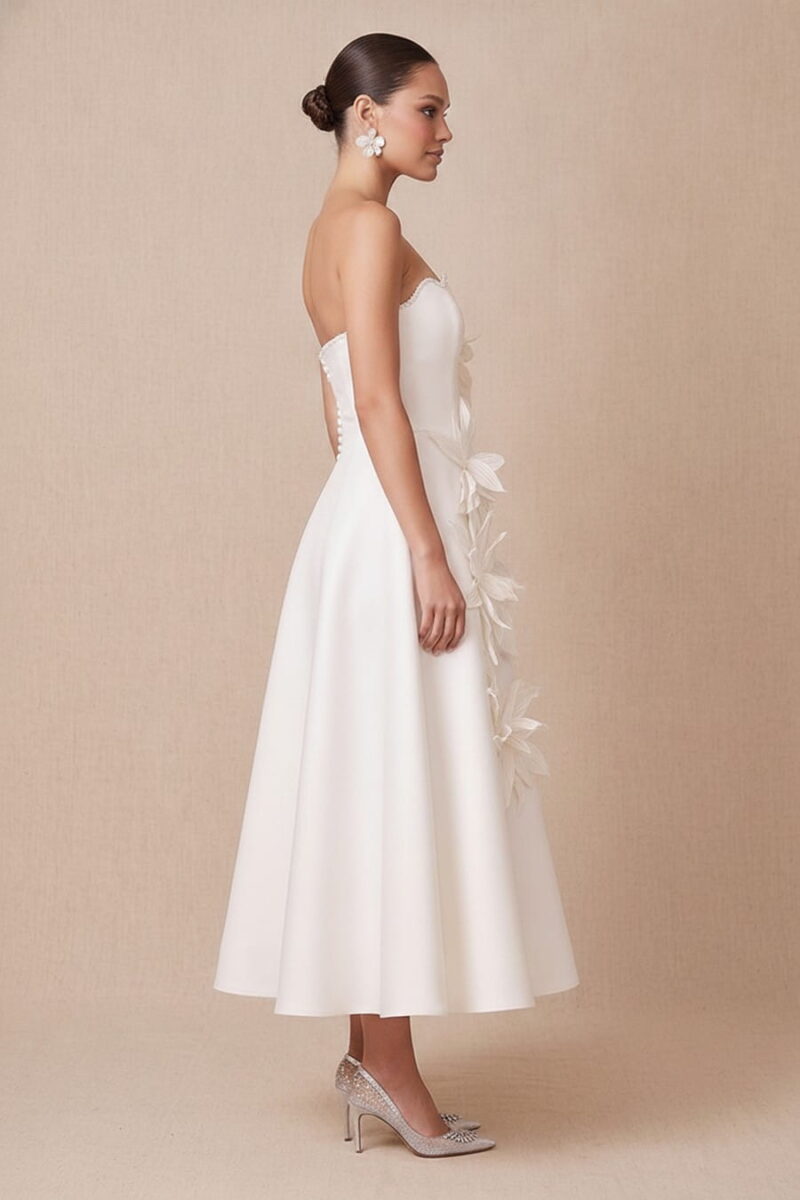 Ivory Satin 3D Floral Strapless Midi Cocktail Dress
