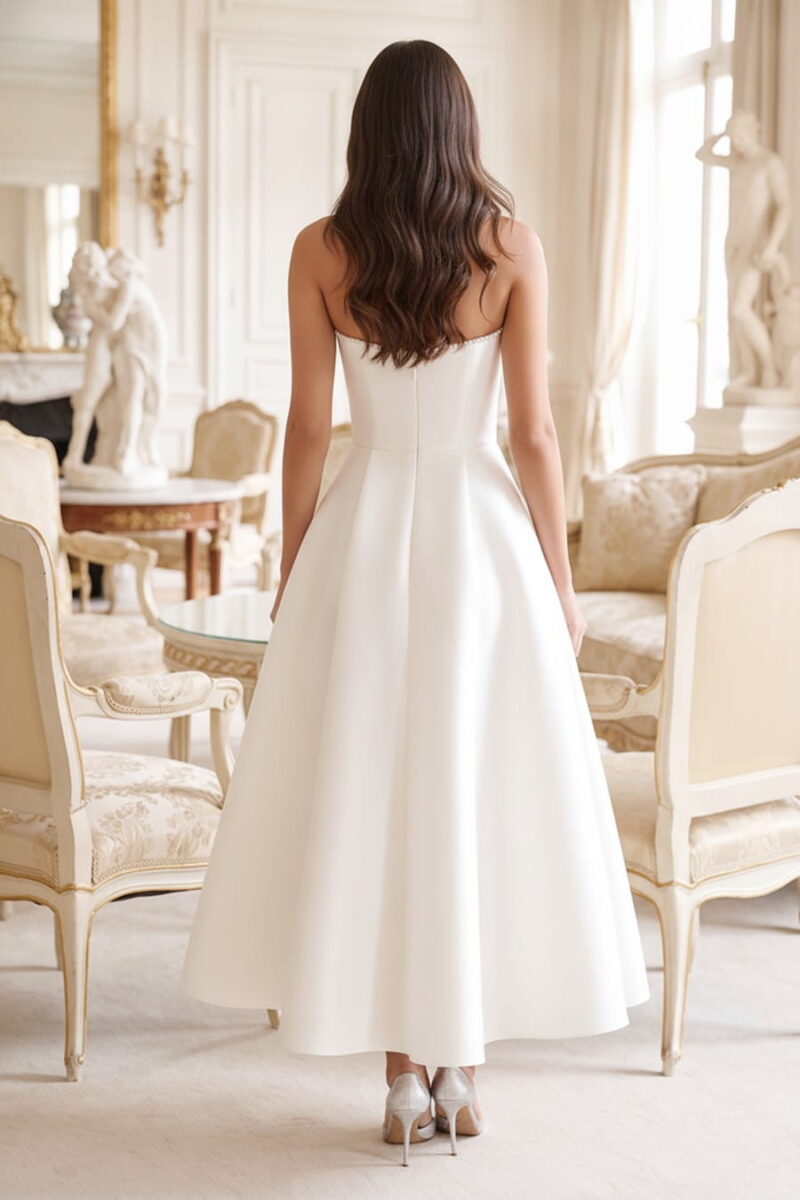 Ivory Satin 3D Floral Strapless Midi Cocktail Dress