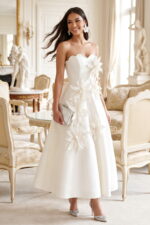 Ivory Satin 3D Floral Strapless Midi Cocktail Dress