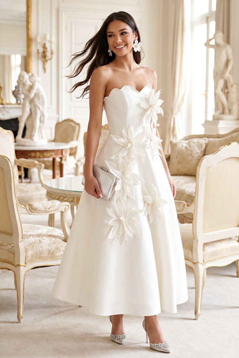 Ivory Satin 3D Floral Strapless Midi Cocktail Dress