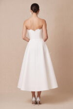 Ivory Satin 3D Floral Strapless Midi Cocktail Dress