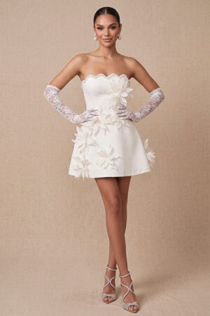 Ivory Strapless 3D Floral A-Line Mini Party Dress