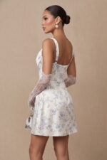 Blue Floral Print Satin Scoop Neck Mini Party Dress