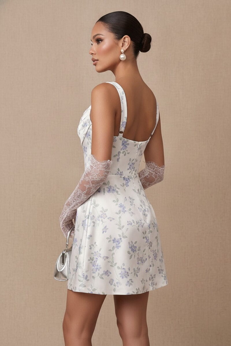 Blue Floral Print Satin Scoop Neck Mini Party Dress