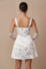 Blue Floral Print Satin Scoop Neck Mini Party Dress
