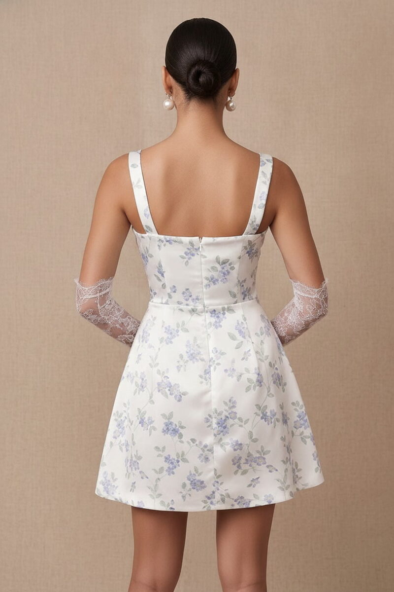 Blue Floral Print Satin Scoop Neck Mini Party Dress