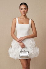 Ivory Crepe 3D Rosette Square Neck Mini Cocktail Dress
