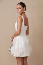 Ivory Crepe 3D Rosette Square Neck Mini Cocktail Dress