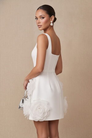 Ivory Crepe 3D Rosette Square Neck Mini Cocktail Dress