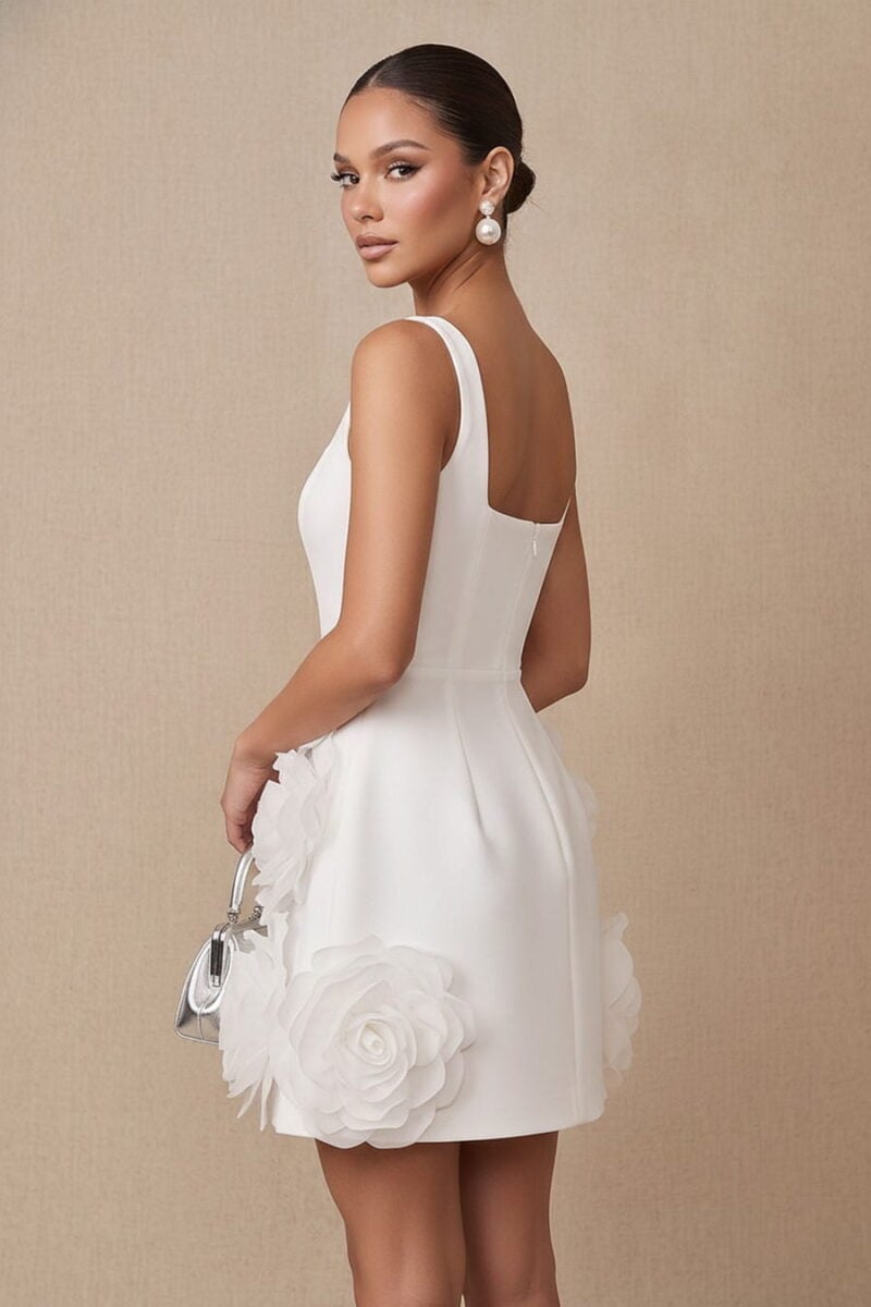 Ivory Crepe 3D Rosette Square Neck Mini Cocktail Dress