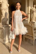 Ivory Sequin & Feather Halter Neck Trapeze Mini Cocktail Dress