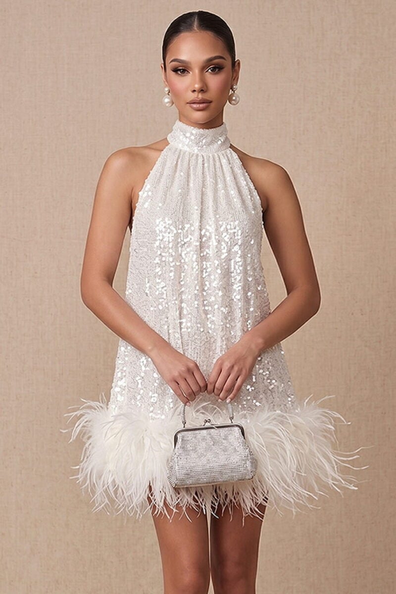 Ivory Sequin & Feather Halter Neck Trapeze Mini Cocktail Dress