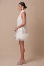 Ivory Sequin & Feather Halter Neck Trapeze Mini Cocktail Dress