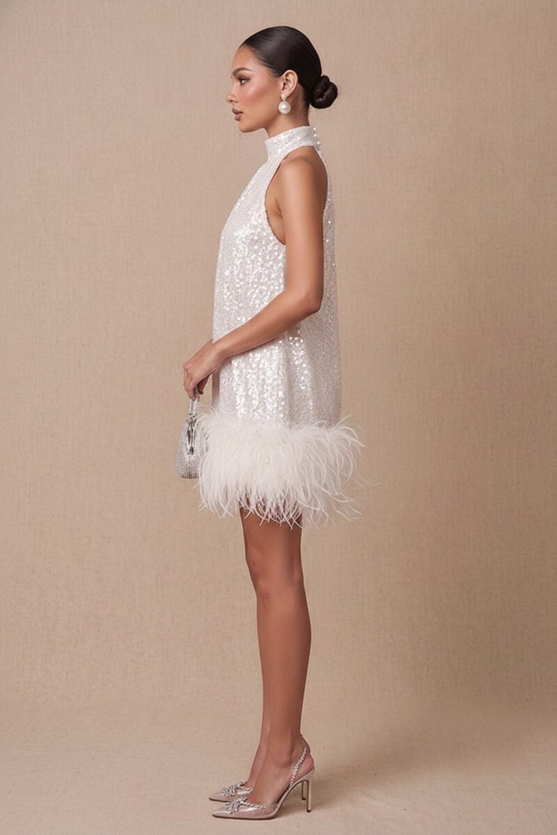 Ivory Sequin & Feather Halter Neck Trapeze Mini Cocktail Dress