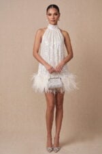Ivory Sequin & Feather Halter Neck Trapeze Mini Cocktail Dress
