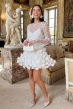 Ivory beaded tulle and 3D floral round-neck mini party dress