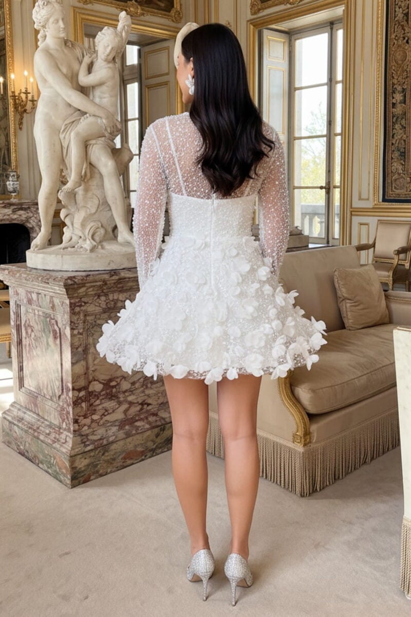 Ivory beaded tulle and 3D floral round-neck mini party dress