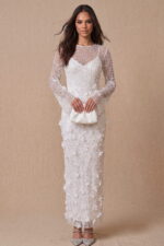 Ivory Sequin 3D Flower Round Neck Long Sleeve Column Maxi Dress