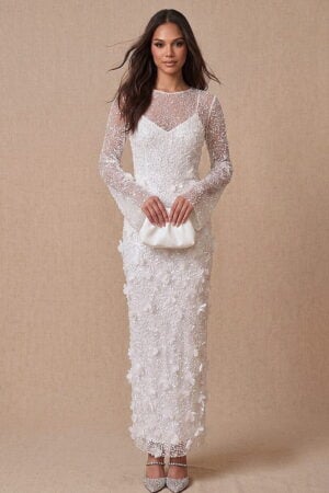 Ivory Sequin 3D Flower Round Neck Long Sleeve Column Maxi Dress