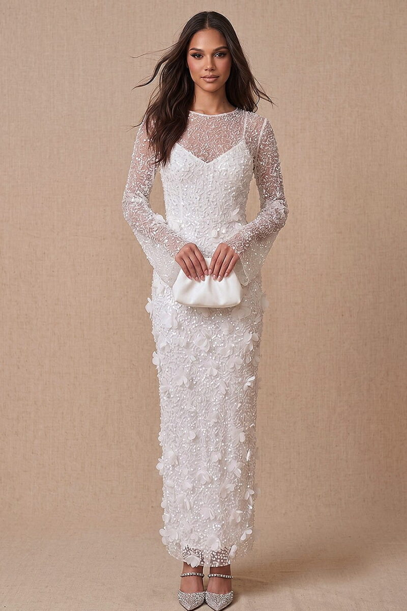 Ivory Sequin 3D Flower Round Neck Long Sleeve Column Maxi Dress Ivory Sequin 3D Flower Round Neck Long Sleeve Column Maxi Dress