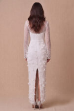 Ivory Sequin 3D Flower Round Neck Long Sleeve Column Maxi Dress