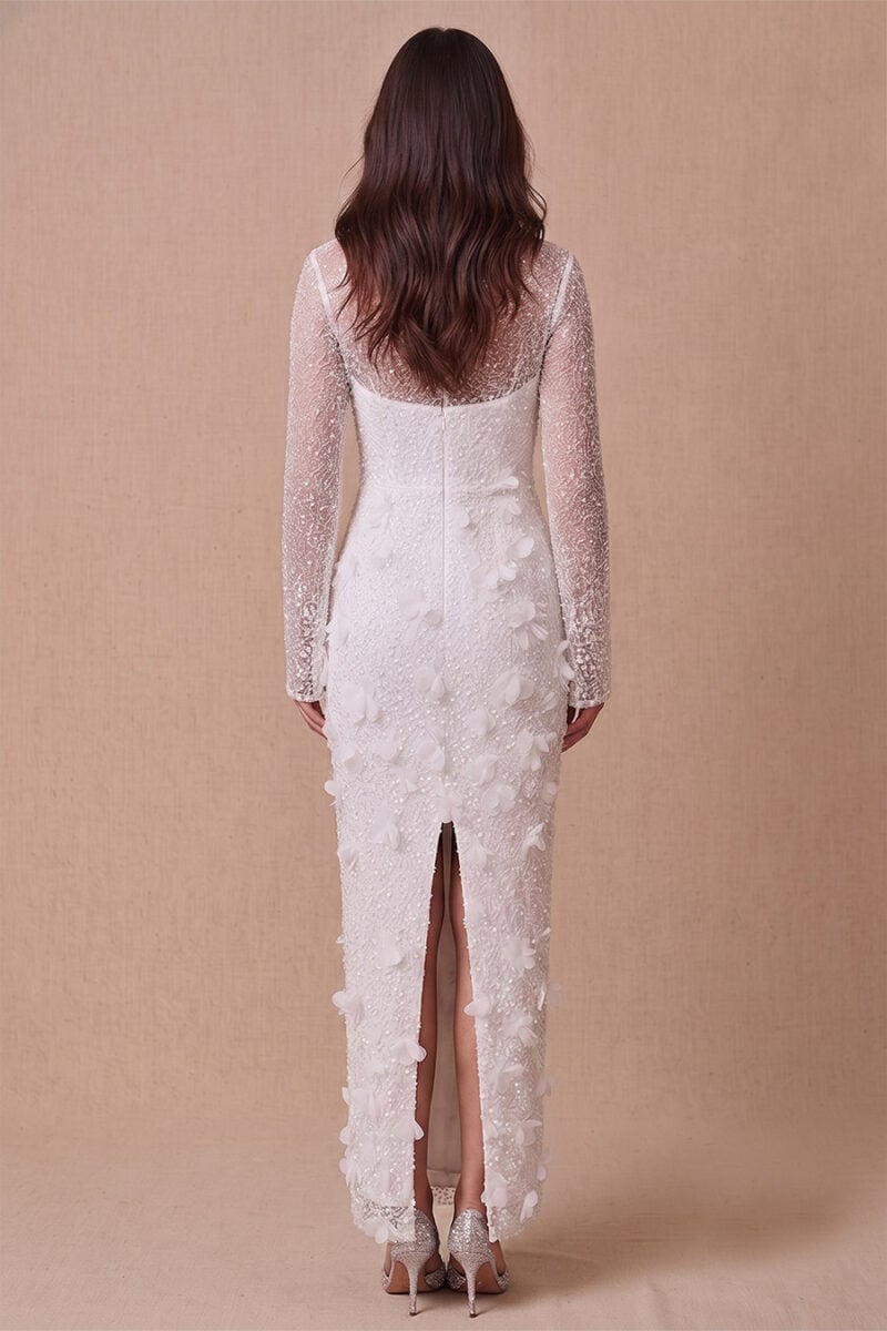Ivory Sequin 3D Flower Round Neck Long Sleeve Column Maxi Dress