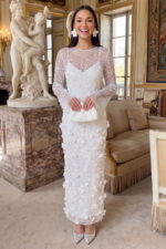 Ivory Sequin 3D Flower Round Neck Long Sleeve Column Maxi Dress