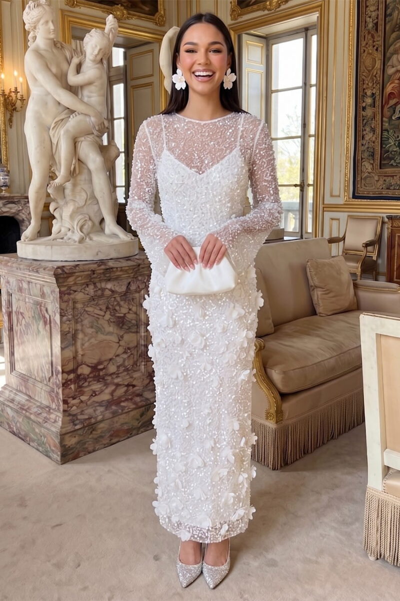 Ivory Sequin 3D Flower Round Neck Long Sleeve Column Maxi Dress
