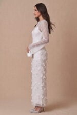 Ivory Sequin 3D Flower Round Neck Long Sleeve Column Maxi Dress