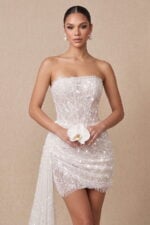 Ivory sequin lace strapless ruched bodycon mini party dress