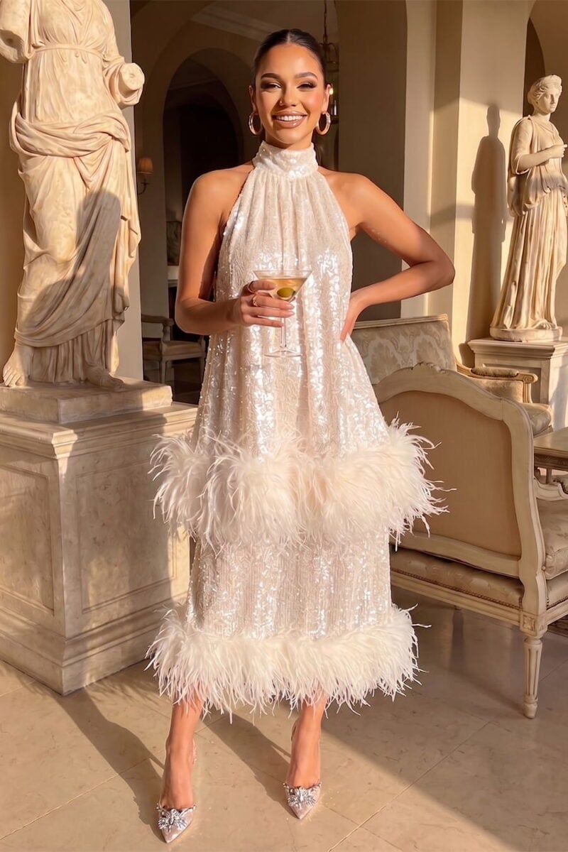 Ivory sequin and feather-embellished halter-neck tiered midi cocktail dress Ivory sequin and feather-embellished halter-neck tiered midi cocktail dress