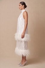 Ivory sequin and feather-embellished halter-neck tiered midi cocktail dress