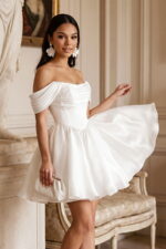 Ivory organza off-the-shoulder corset mini dress